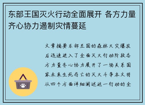 东部王国灭火行动全面展开 各方力量齐心协力遏制灾情蔓延