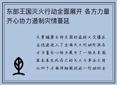 东部王国灭火行动全面展开 各方力量齐心协力遏制灾情蔓延